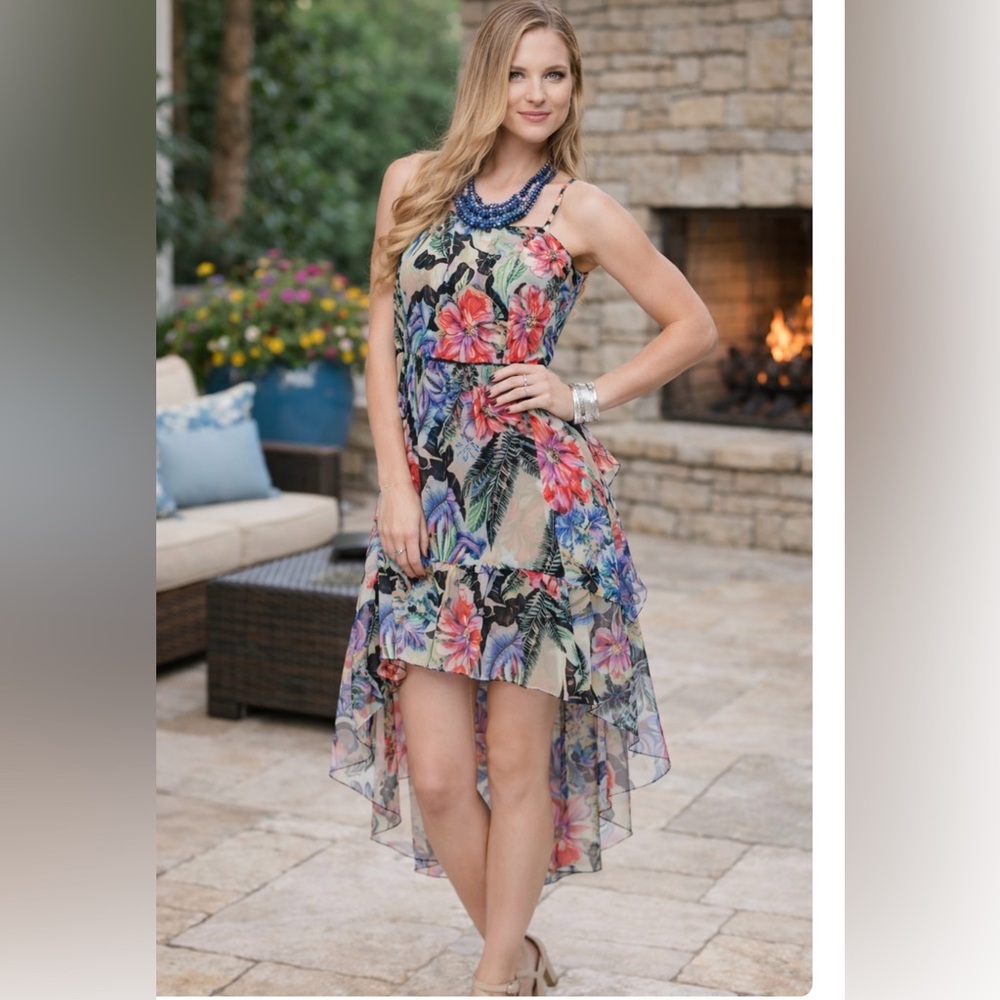 Andrew Charles Floral High-Low Dress in Blue and Pink